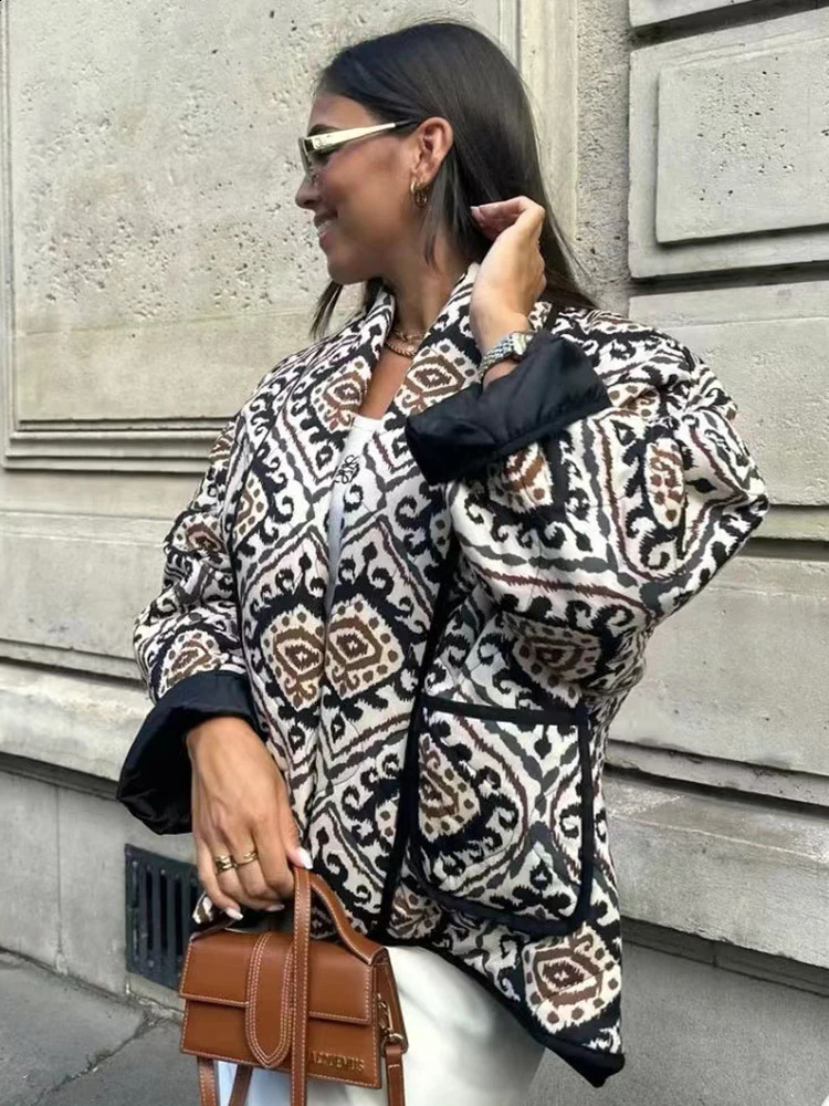 Lapel Printed Short Cotton Jacket Women Long Sleeve Warm Pocket Cardigan Coat Thick Autumn Winter Fashion Female Street Outwear 240910