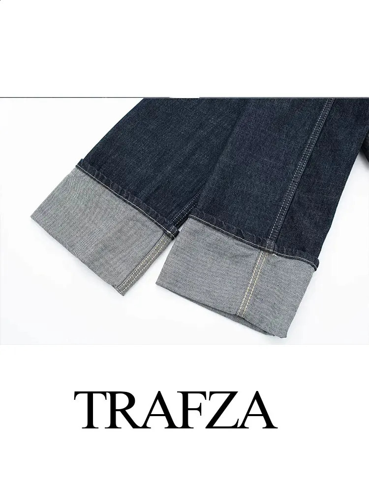 TRAFZA Womens Suit Retro Splicing Singlebreasted Pocket Denim JacketHighwaisted Zippered Wideleg Pants 2piece Set 240910