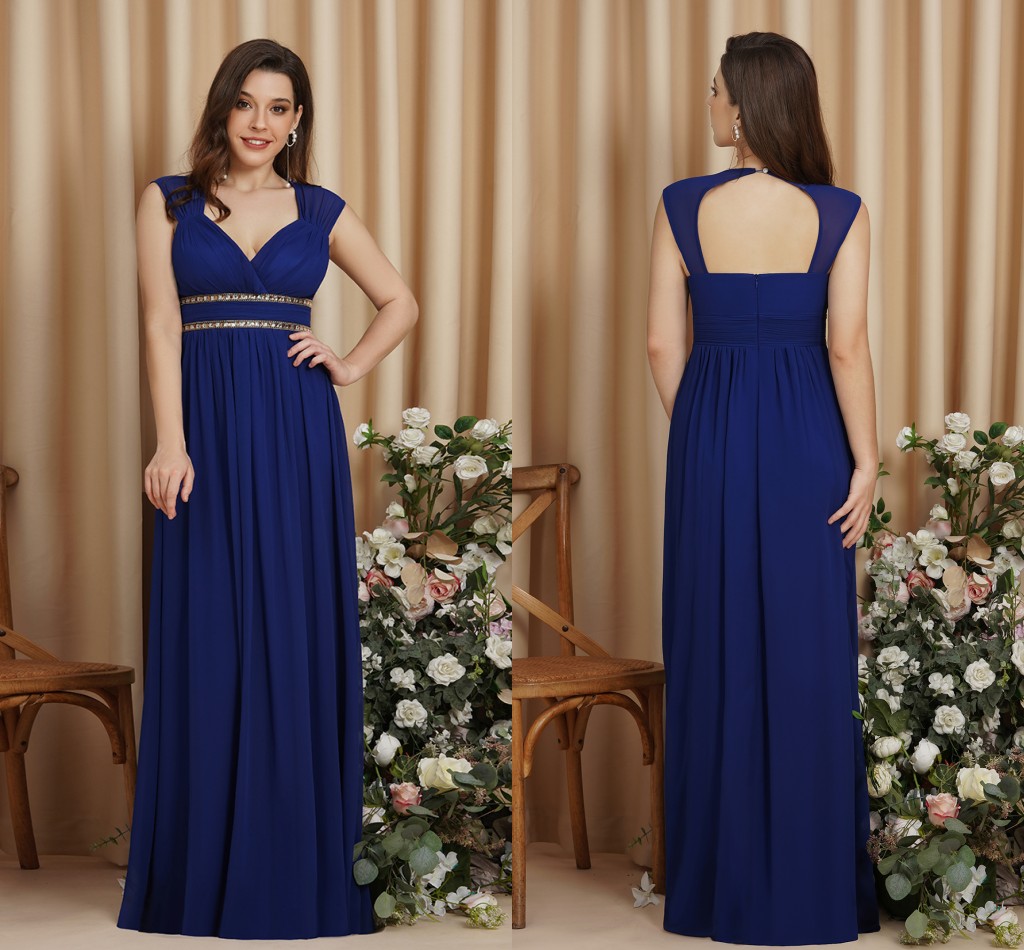 Royal Blue Chiffon Bridesmaid Dresses Cap Sleeve Backless Princess A E Maid Of Honor Gowns Women Formal Evening Prom Wears Cps725