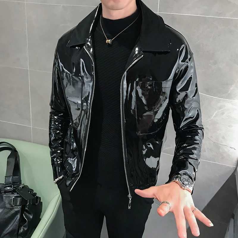 Shiny leather jacket mens stage costume red black brown nightclub mens leather jacket solid color ultra-thin mens jacket Coats W240912