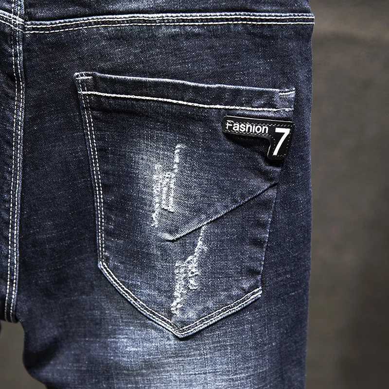 2024 new open top jeans mens slim fit denim pants cotton Korean fashion elastic version blue black mens clothing W250319