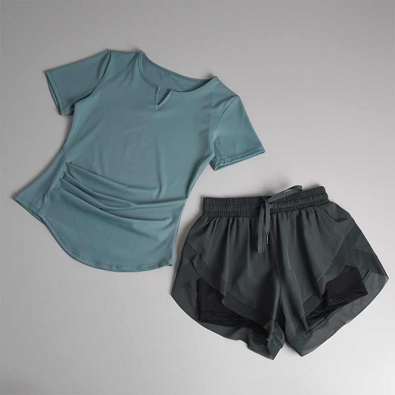 Fitness set for women, summer quick drying short sleeved sexy morning running training sportswear, professional high-end fashionable yoga clothes