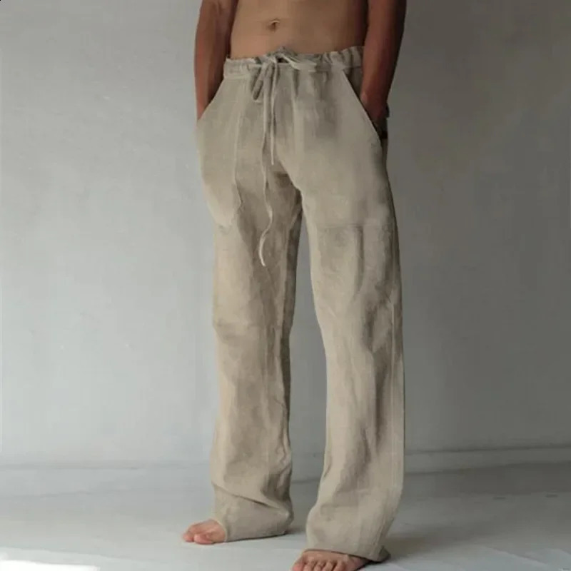 Mens Cotton Linen Long Pants Summer Solid Color Breathable Trousers Male Casual Elastic Waist Harajuku Trous 240911