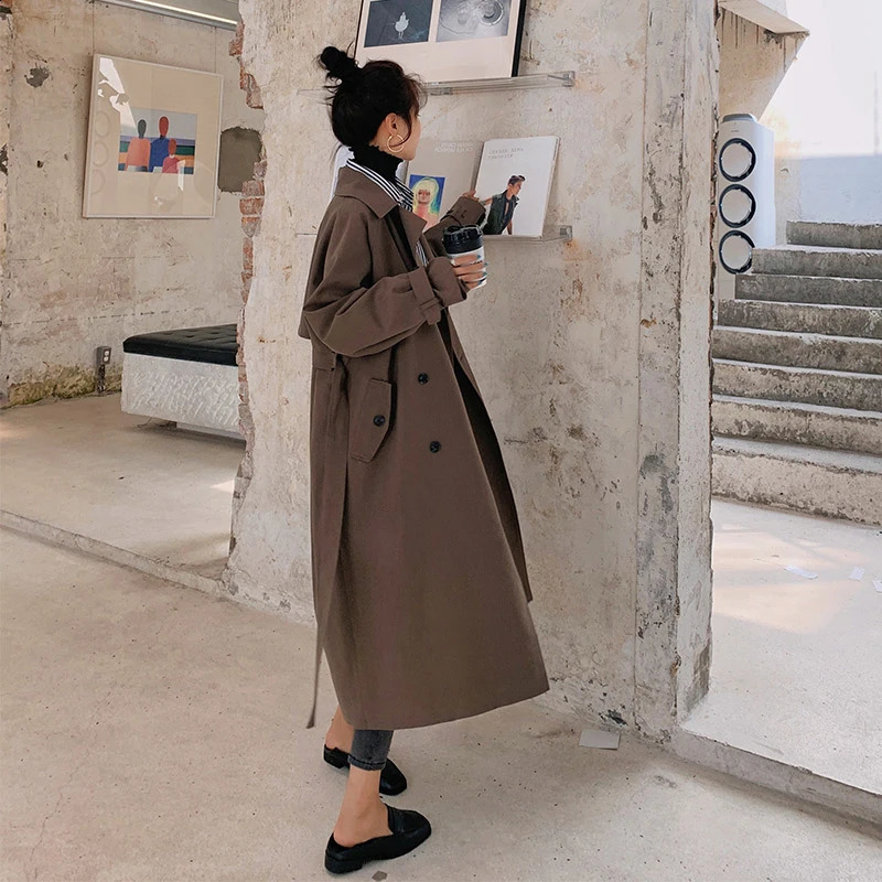 Fashion coffee colored long trench coat womens clothing spring/summer item Korean waist windproof coat 240911