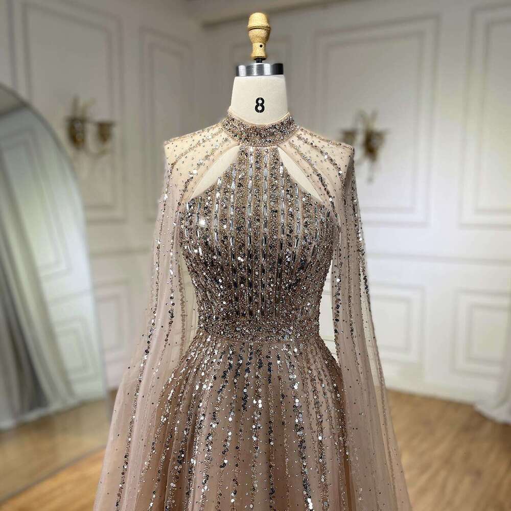 SERENE HILL Arabic Caramel A-E Cape Sleeves Beaded Dubai Evening Dresses Gowns For Women Party 2024