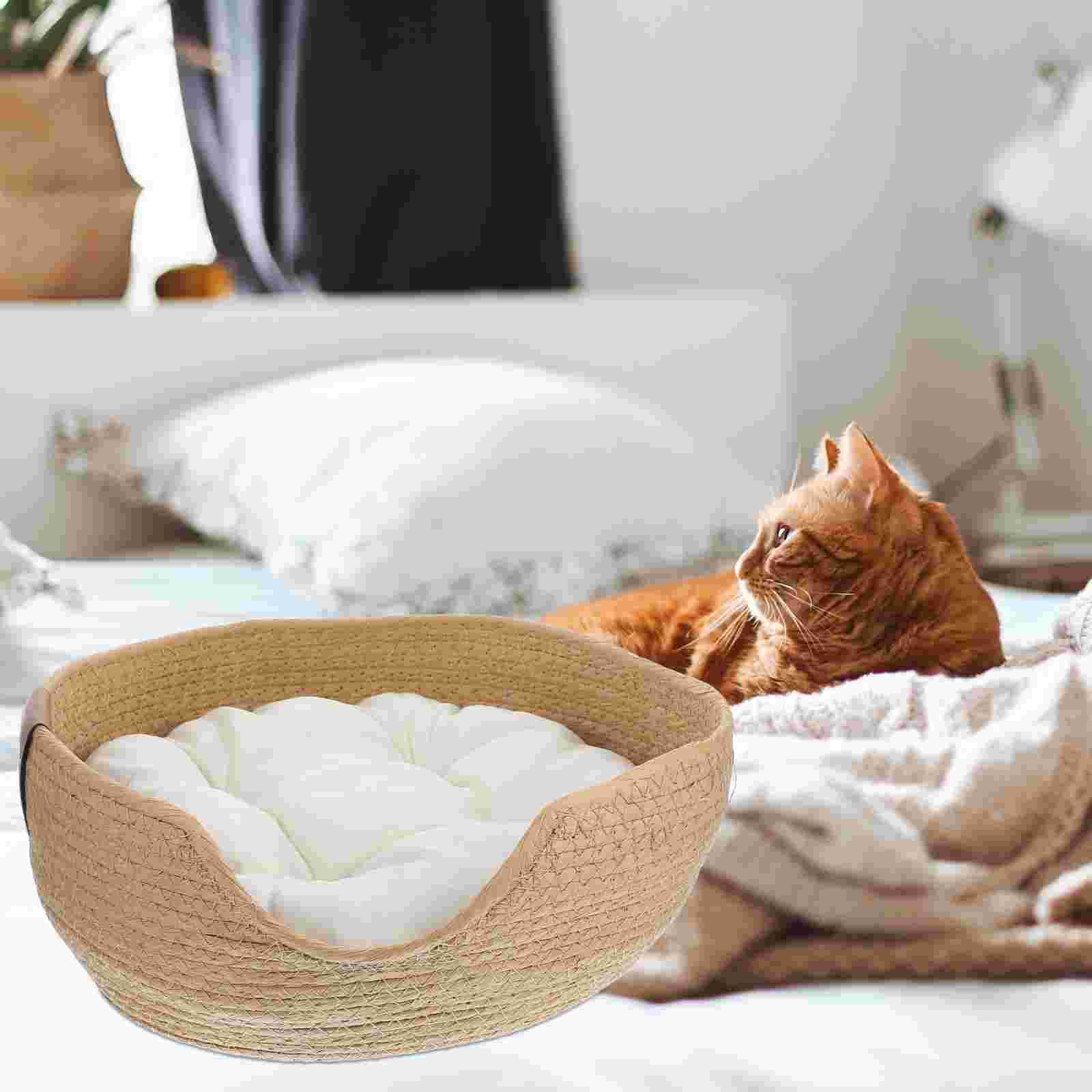 Woven Straw Cat Bed Pet Woven Basket Nest Basket Breathable Cat House Cooling Bed Kitten Small Dogs Puppy