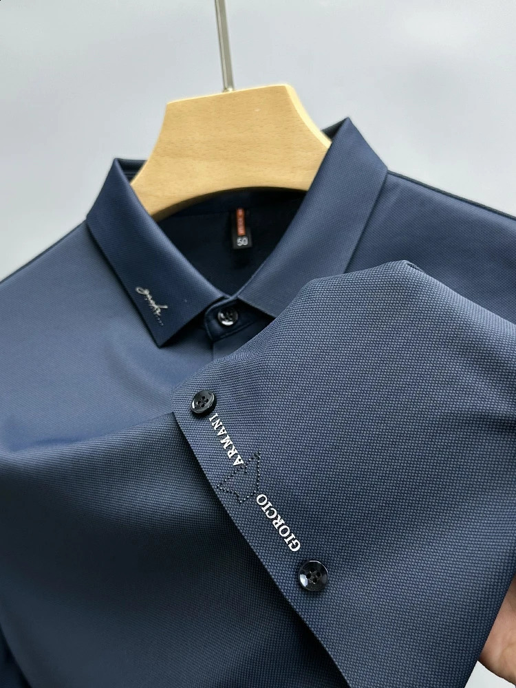 High end ice silk seamless breathable short sleeve Tshirt mens lapel summer trend letter embroidery casual polo shirt 240911