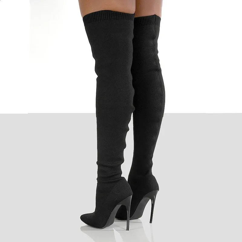 Womens long boots sexy thin high heels knee high knitted elastic Botas autumn womens black beige sock boots 240911