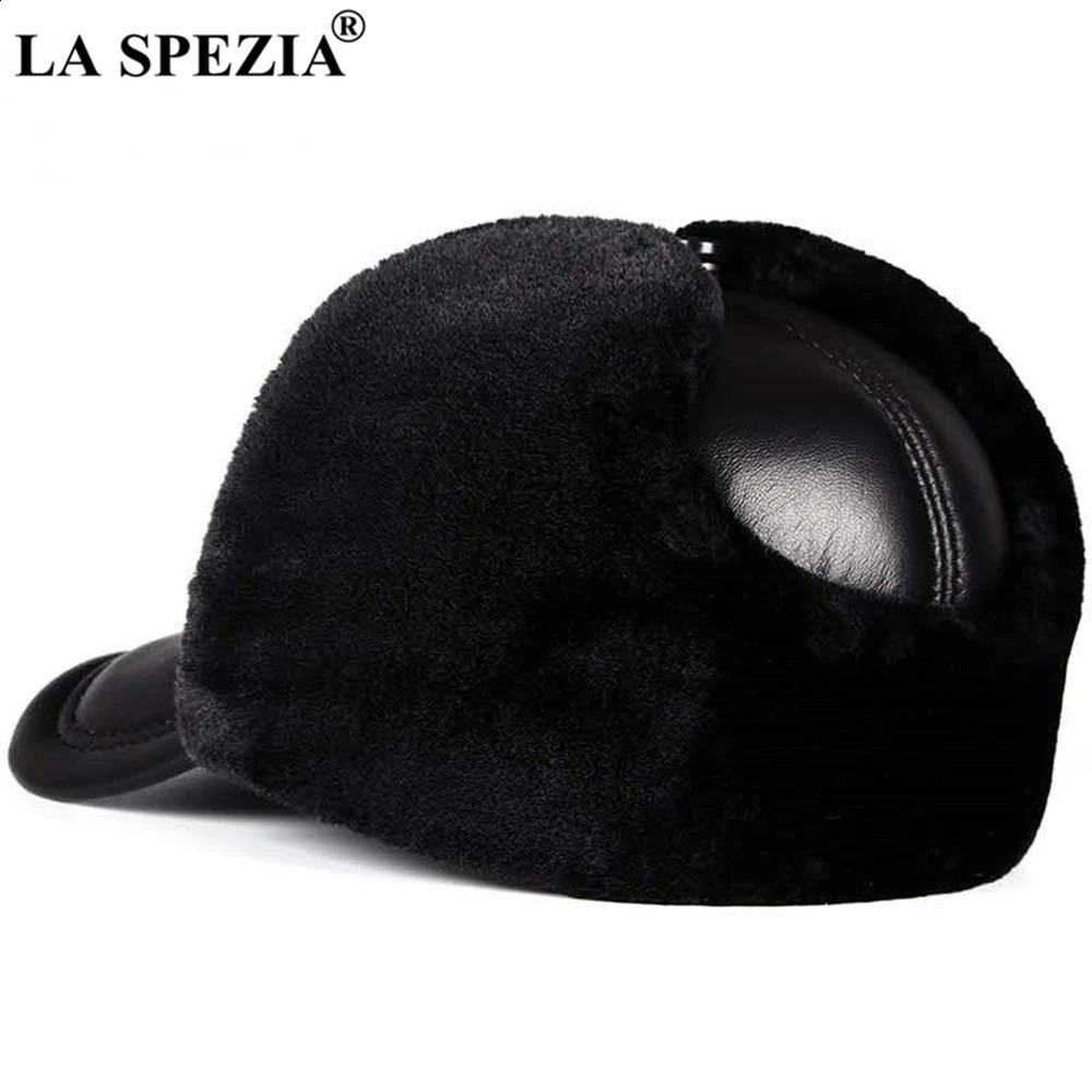 LA SPEZIA Winter Hat Men Genuine Leather Sheepskin Bomber Hat Earflap Black Warm Thick Ski Snow Windproof Male Russian Hat 240906CJ