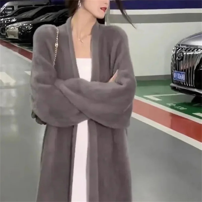 High Quality Soft Style Knitted Sweater Jacket For Womens Autumn And Winter Vintage Long Blue Pink Faux Mink Cardigan
