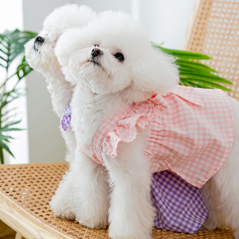 Summer Clothes Puppy Plaid Suspender Skirt Dress Pet Costume Chihuahua Bichon Yorkie Clothing Pink Dog Bow Vest Free shipping