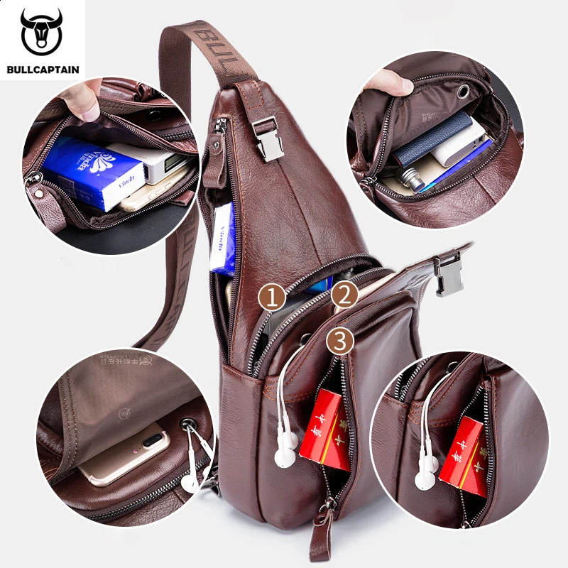Bullcaptain Mens Genuine Leather Luggage Mens Multi functional Earphones Jack Luggage Casual Messenger Luggage Mens Luggage 240907