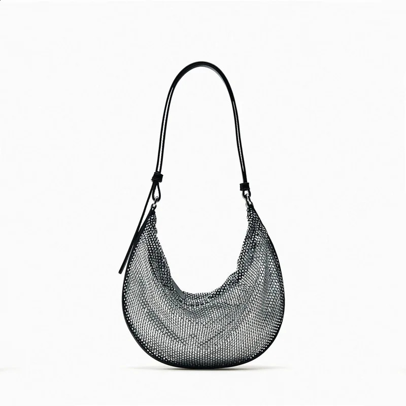 Fashion Sequins Mesh Women Shoulder Bags Shinny Half Moon Lady Handbags with Wallets Hobos Summer Party Purses 240907