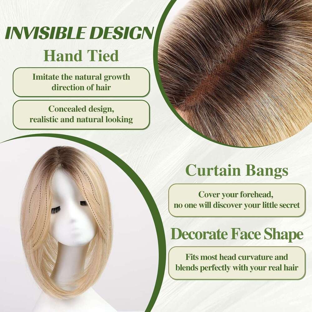14 Inch Ombre Blonde Layered Topper Bangs Women Synthetic Toppers Swiss Base With 3 Clips For Thinning Hair