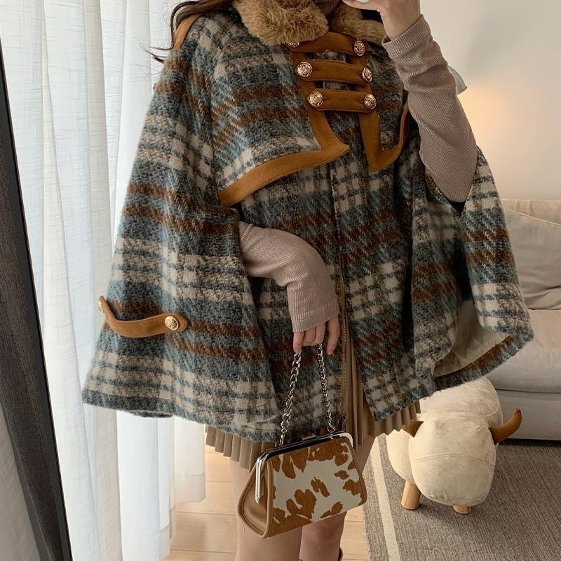 Retro winter womens plaid cape jacket artificial rabbit fur lapel thick shawl wool plaid shawl cardigan raincoat jacket top 240912