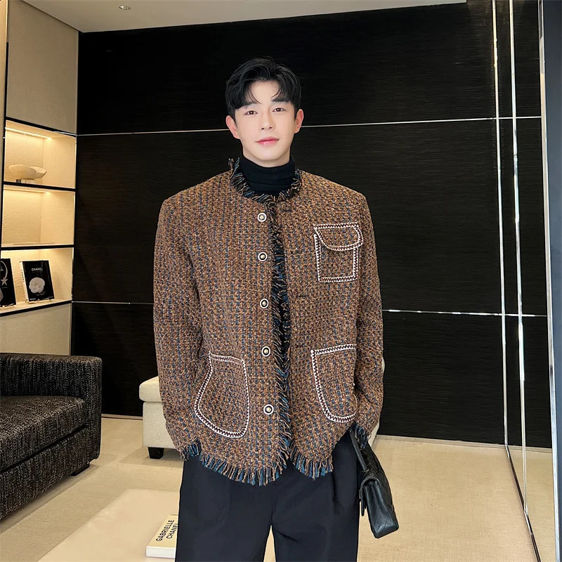 NOYMEI Tweed Brown Woven Suit Jacket Damaged Rough Edges Men Round Neck Metal Button Coat Autumn Small Fragrance Top WA2921 240911