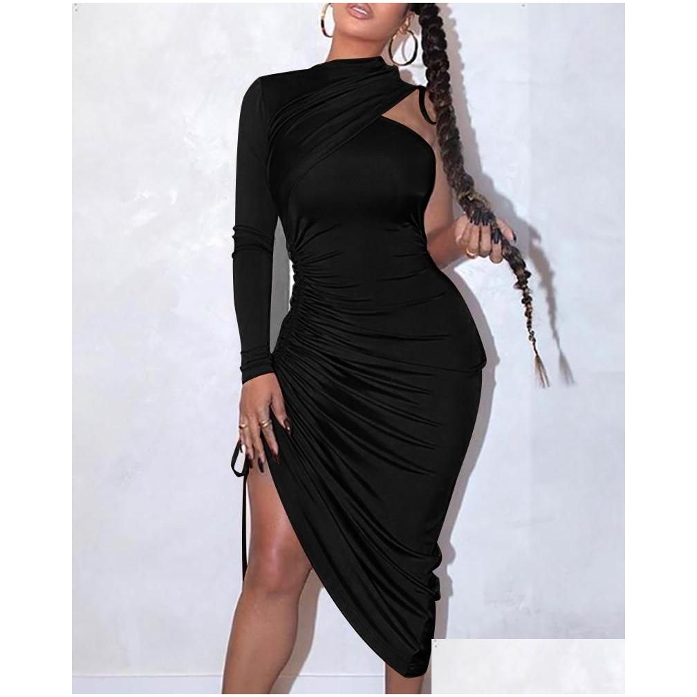 Basic Y One Shoulder Drawstring Ruched Bodycon Dress Women Solid Long Sleeve Midcalf Night Club Drop Delivery Apparel WomenS Cloth Otc7E