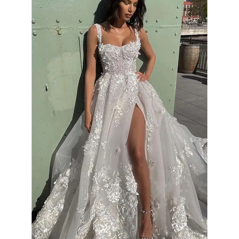 Side Beach Dresses Wedding Sexy Summer Lace Split Appliques Spaghetti Organza Bridal Gowns Long Train Ral Bohemian Bride Dress Robe De Mariee