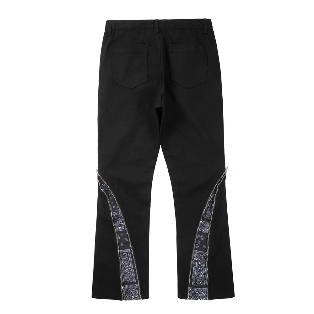 Curve Zipper Cashew Print Patchwork Jeans for Men Straight Black White Y2K Streetwear Casual Baggy Denim Trousers Oversized 240909