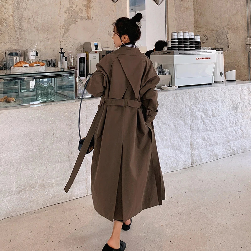 Fashion coffee colored long trench coat womens clothing spring/summer item Korean waist windproof coat 240911