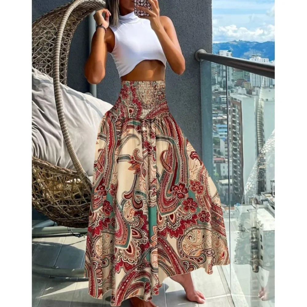 Vintage Casual Fashion Clothes Summer Streetwear Print Beach Long Skirts for Women Clothing Haruku Bohemian Ethnic Style