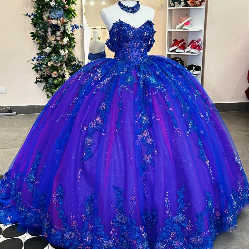 Royal Blue Shiny Ball Gown Charming Quinceanera Dresses Off The Shoulder Applique Lace Beads Tull Sweet 16 Dress Vestidos 15 De Novia