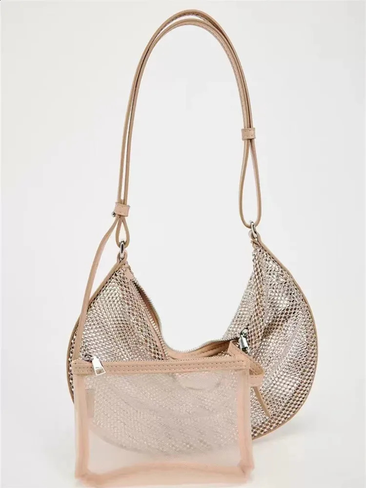 Fashion Sequins Mesh Women Shoulder Bags Shinny Half Moon Lady Handbags with Wallets Hobos Summer Party Purses 240907