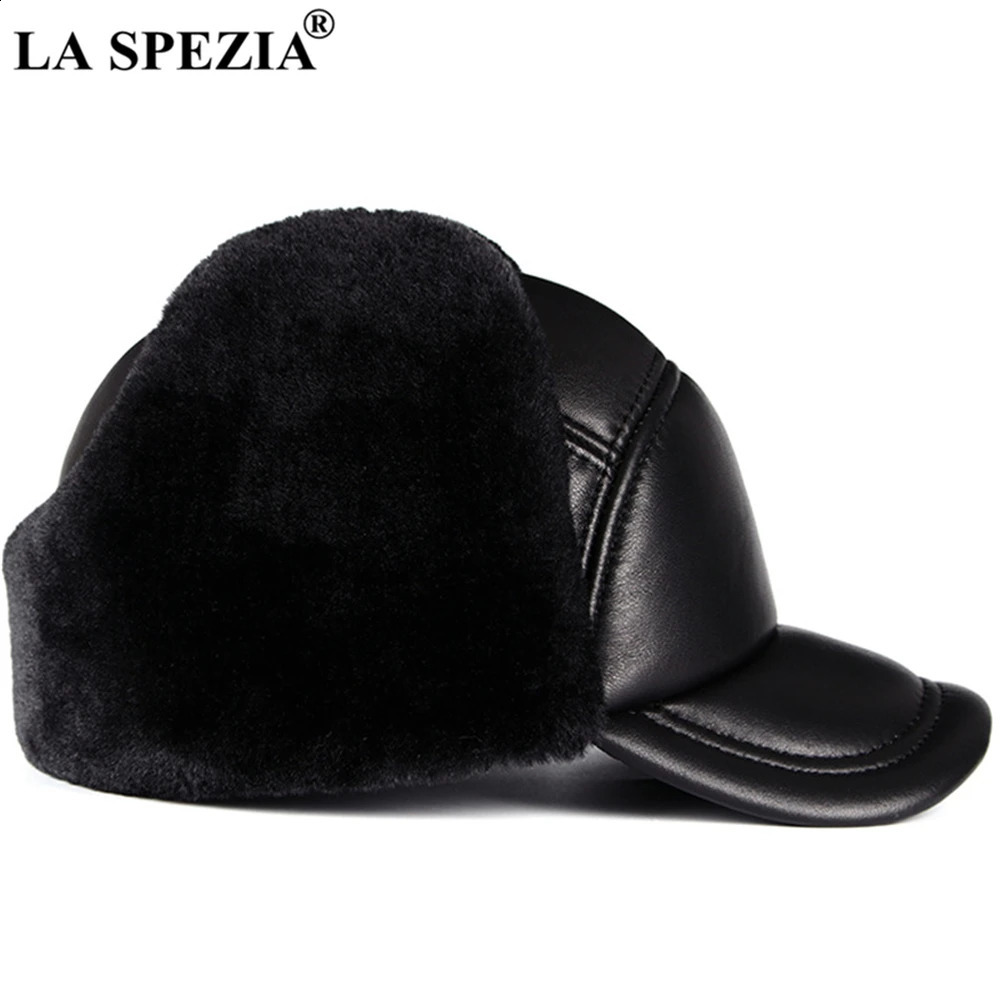 LA SPEZIA Winter Hat Men Genuine Leather Sheepskin Bomber Hat Earflap Black Warm Thick Ski Snow Windproof Male Russian Hat 240906CJ