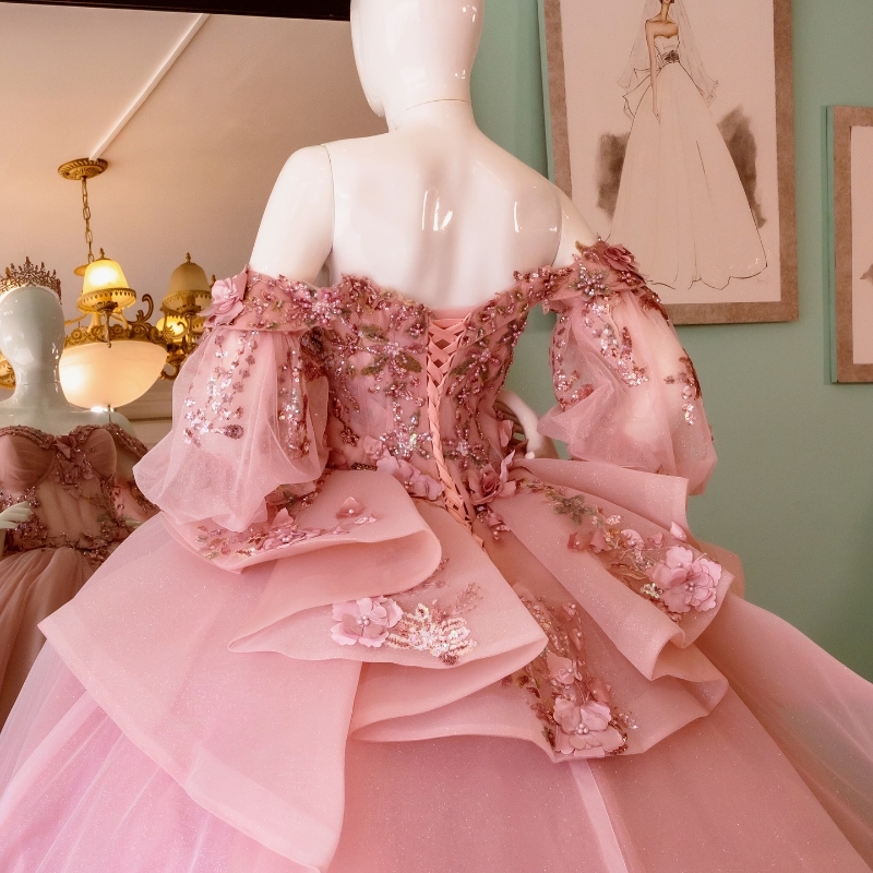 Pink Ball Gown Quinceanera Dresses Charming Appliques Beaded wer Off Shoulder Sweet 16 Dress Lace-up Vestidos 15 De