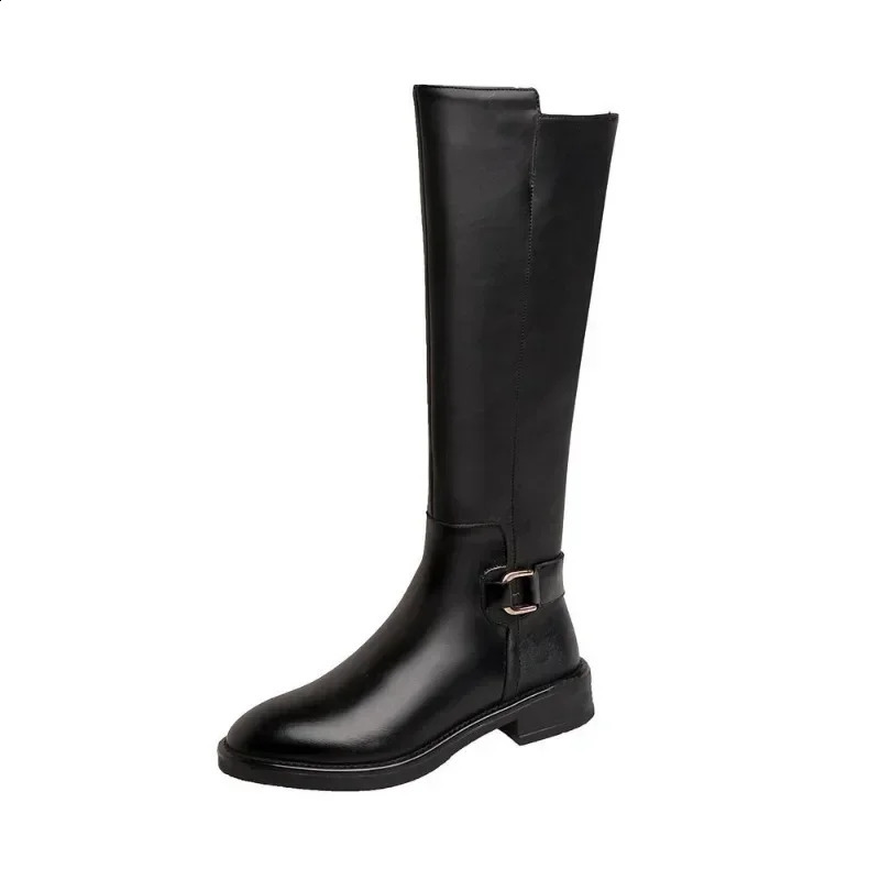Female Winter Leather Long Boots Trend Spring Autumn Knee High Boot Women Comfortable Low Heels Black Shoes 240904