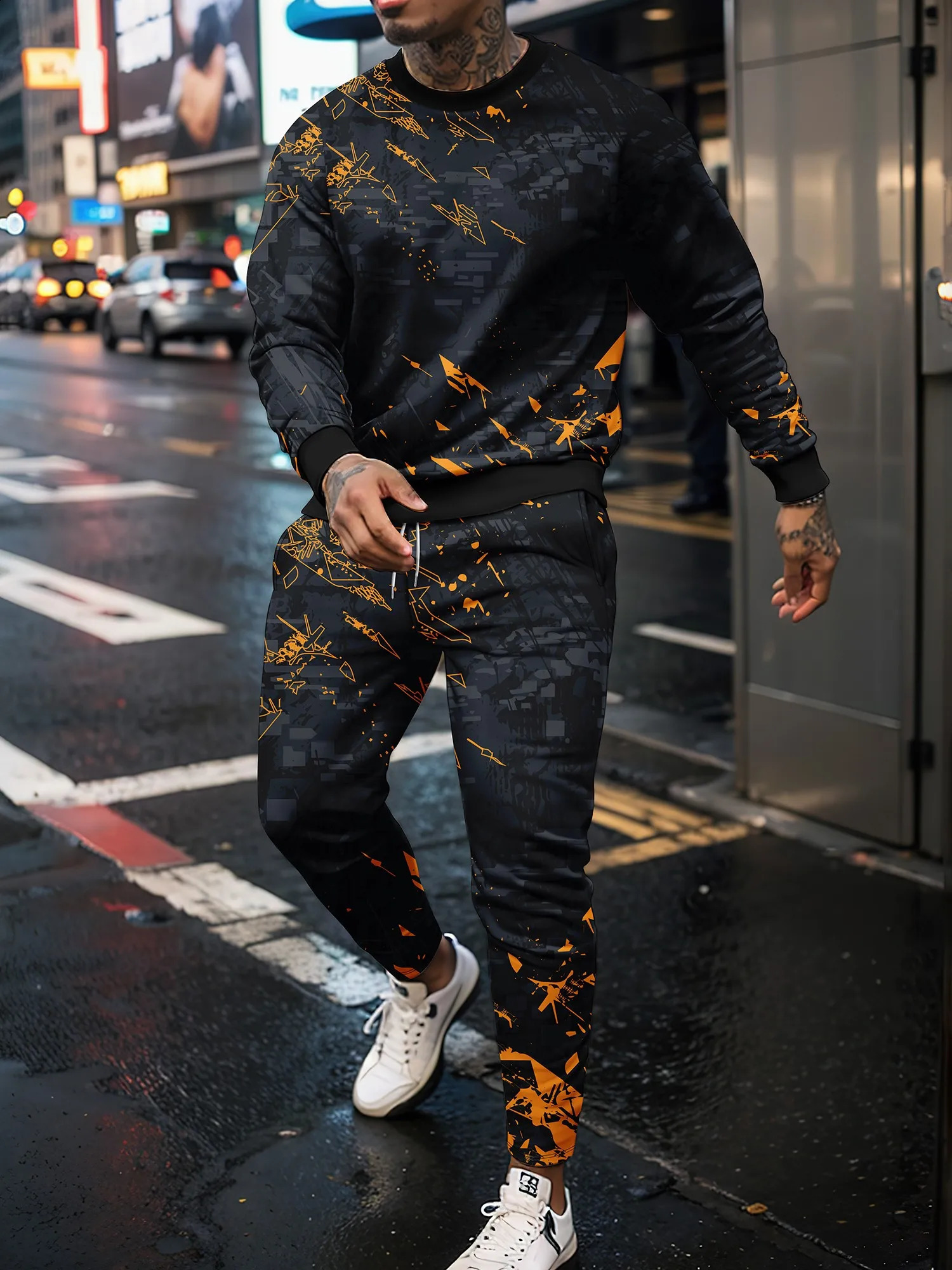 Winter and Autumn 3D Sports Shirt Outdoor Mens Round Neck Hoodie Pants Casual Fitness Basketball Set 240912