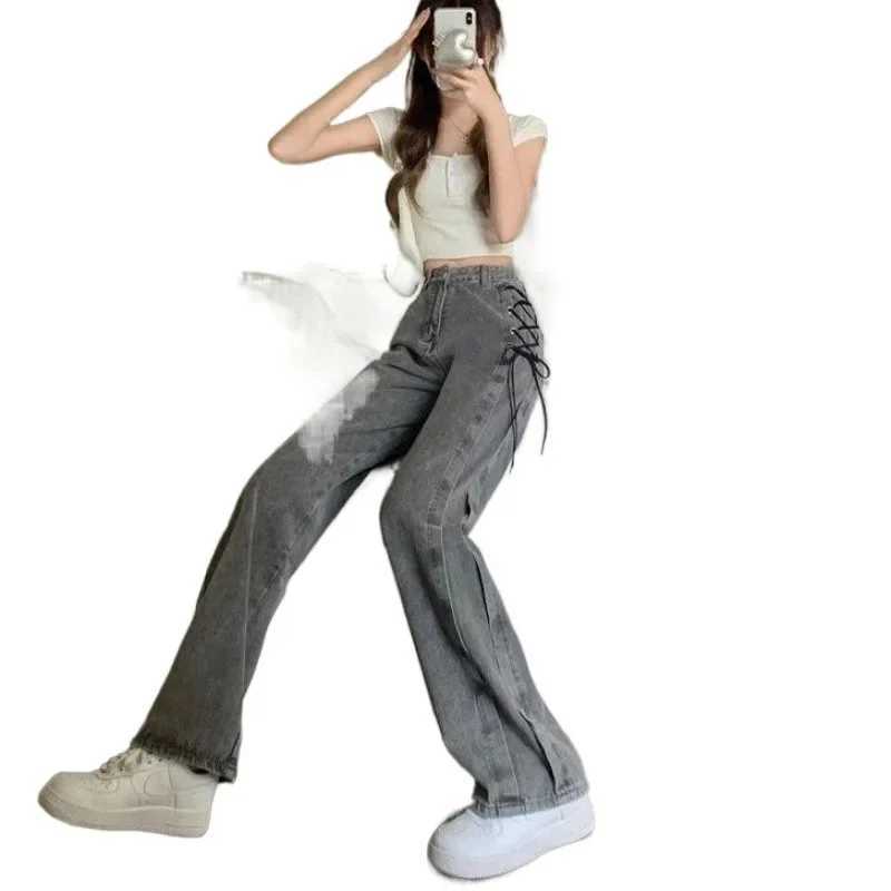 Design niche lace jeans for women in spring and summer 2024 featuring loose waist straight high street and popular wide leg pants W24091165476