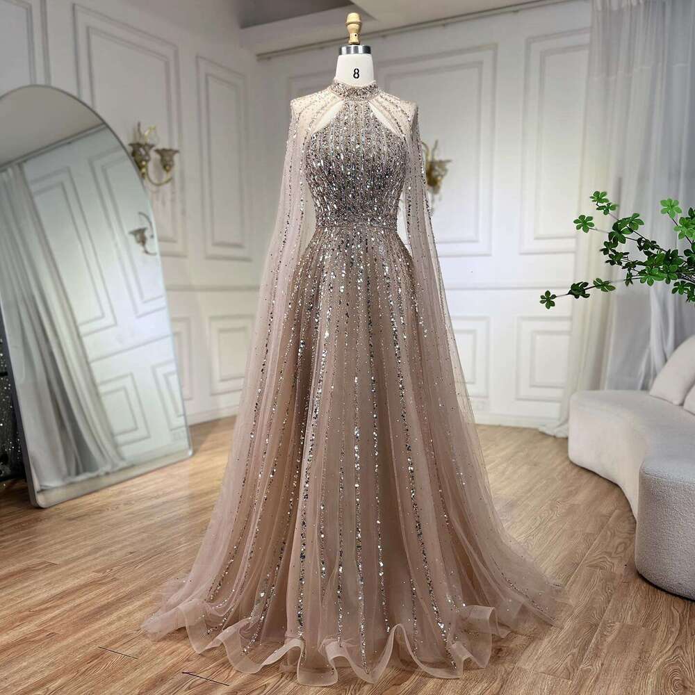 SERENE HILL Arabic Caramel A-E Cape Sleeves Beaded Dubai Evening Dresses Gowns For Women Party 2024