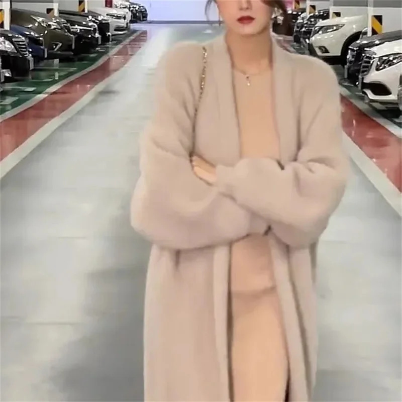 High Quality Soft Style Knitted Sweater Jacket For Womens Autumn And Winter Vintage Long Blue Pink Faux Mink Cardigan