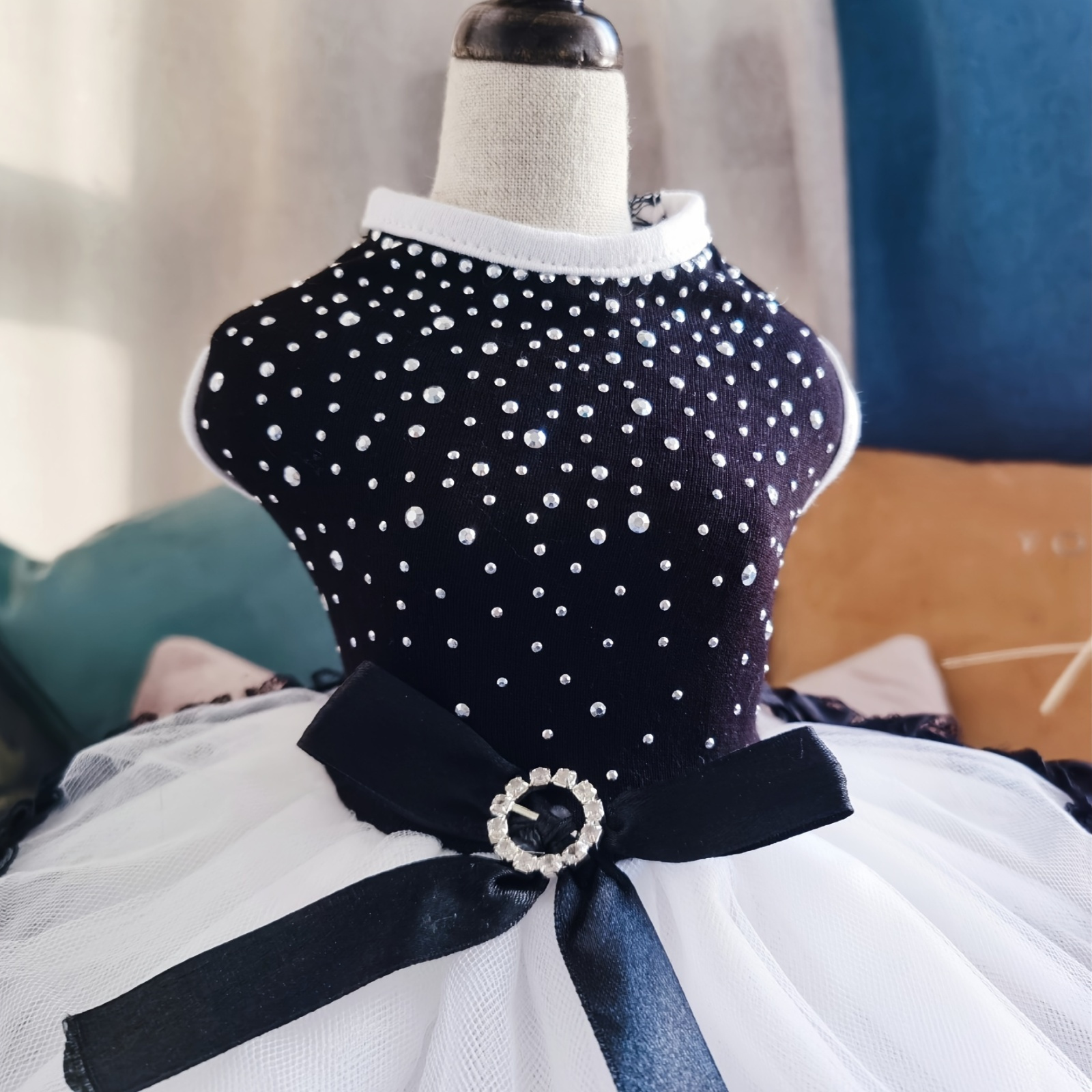 Polka Dot Tutu Dog Dress with Lace Trim, Formal Pet Wedding Attire, Sparkling Sequin Photo Prop, Black and White Cotton-Poly Ble H260129