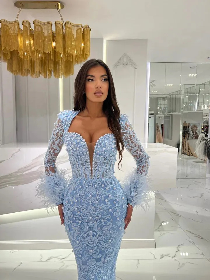Gorgeous lace blue Mermaid Evening Dresses elegant long sleeves pearls Prom dress feathers cuff formal dresses for women