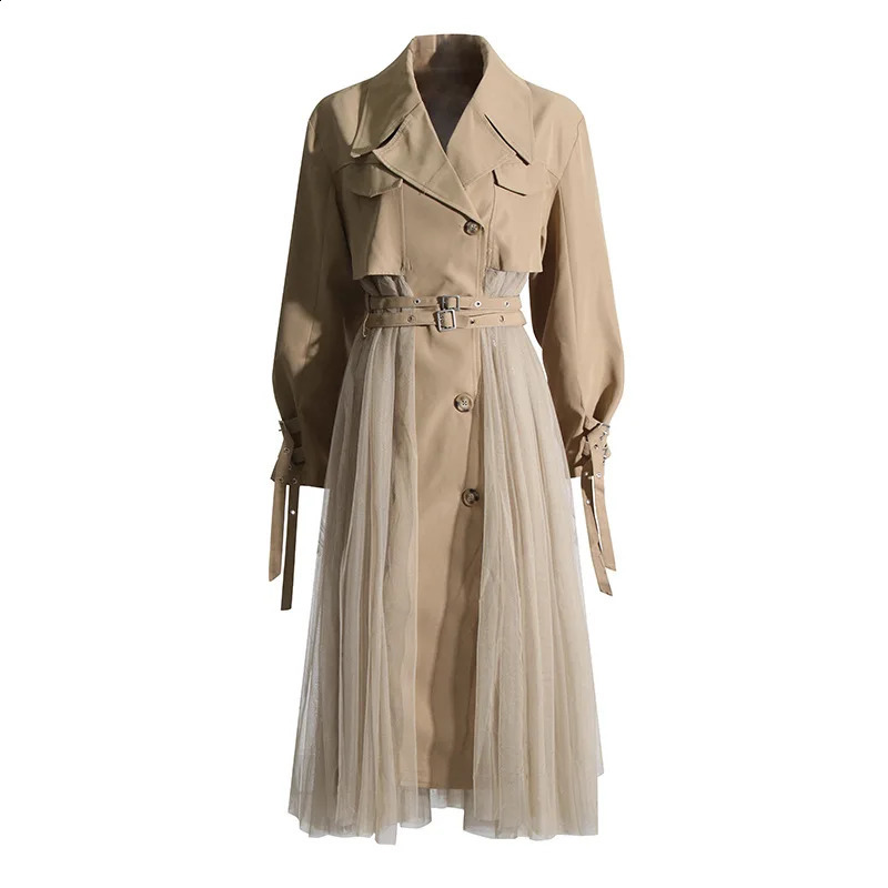 SuperAen Autumn Trench Coat Womens Loose Mesh Splicing Casual Fashion High Waist Long Coat 240911