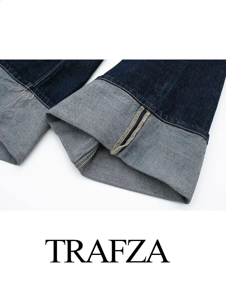 TRAFZA Womens Suit Retro Splicing Singlebreasted Pocket Denim JacketHighwaisted Zippered Wideleg Pants 2piece Set 240910