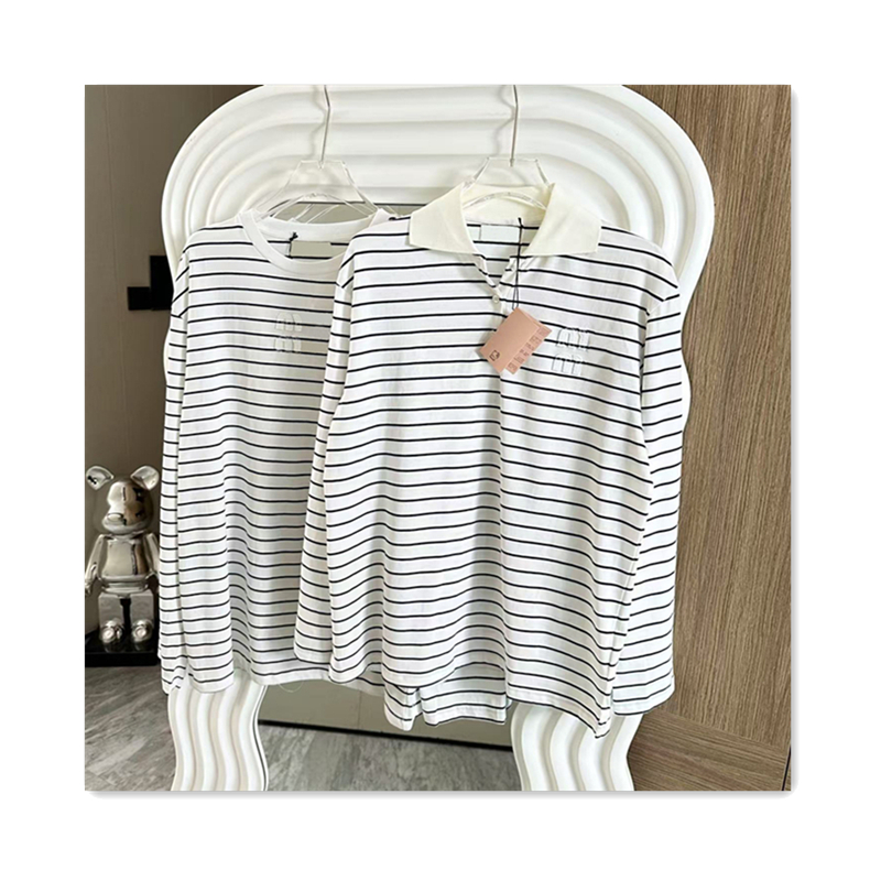 Cotton womens designer tshirt long sleeved women shirts round neck striped letter logo autumn top fashion versatile women casual Tshirt loose white lapel tshirts