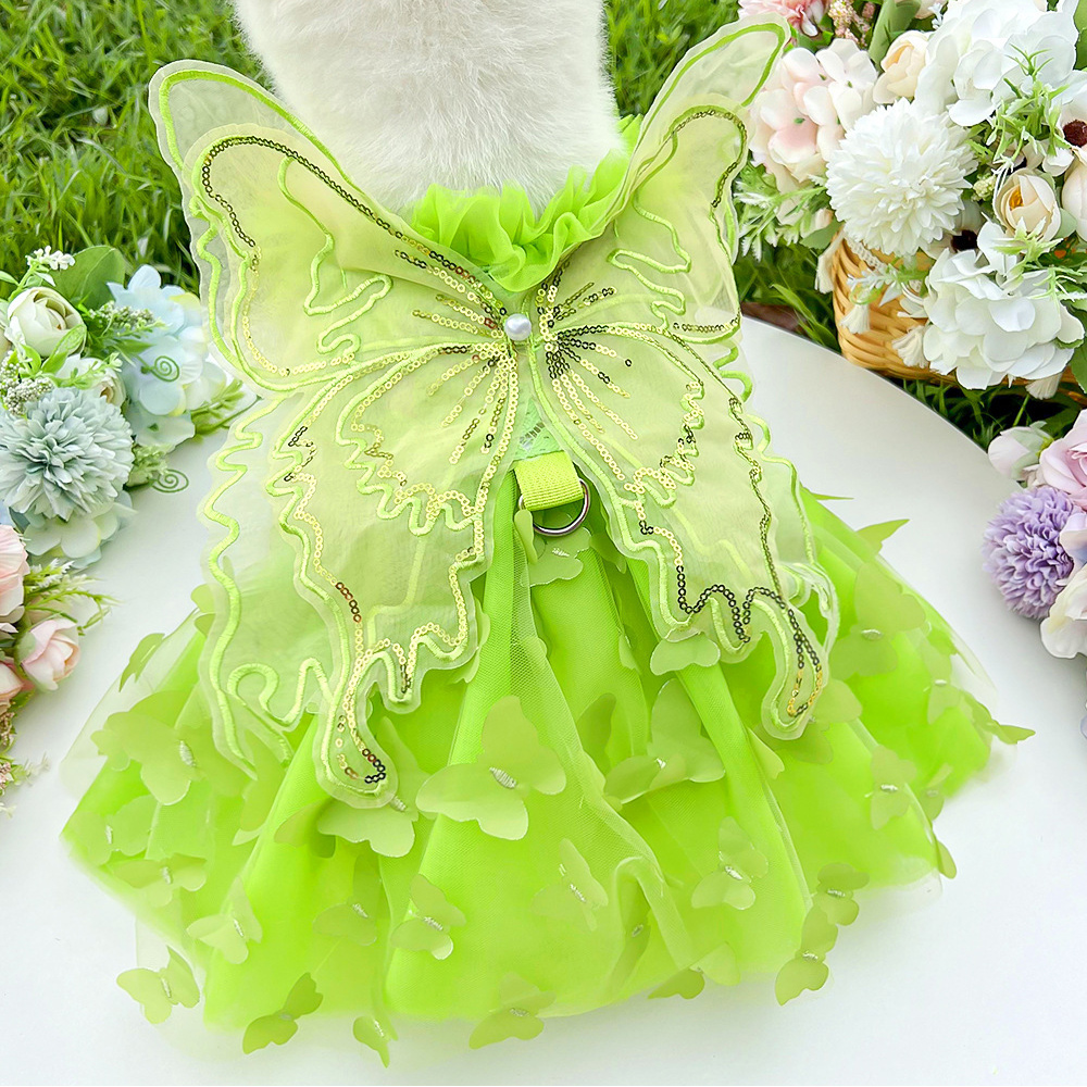 Big Butterfly Small Dogs Dress Puppy Bridal Gown Tulle Skirt Sequin Mesh Lace Thin Pet Apparel Pet Butterfly Princess Dress
