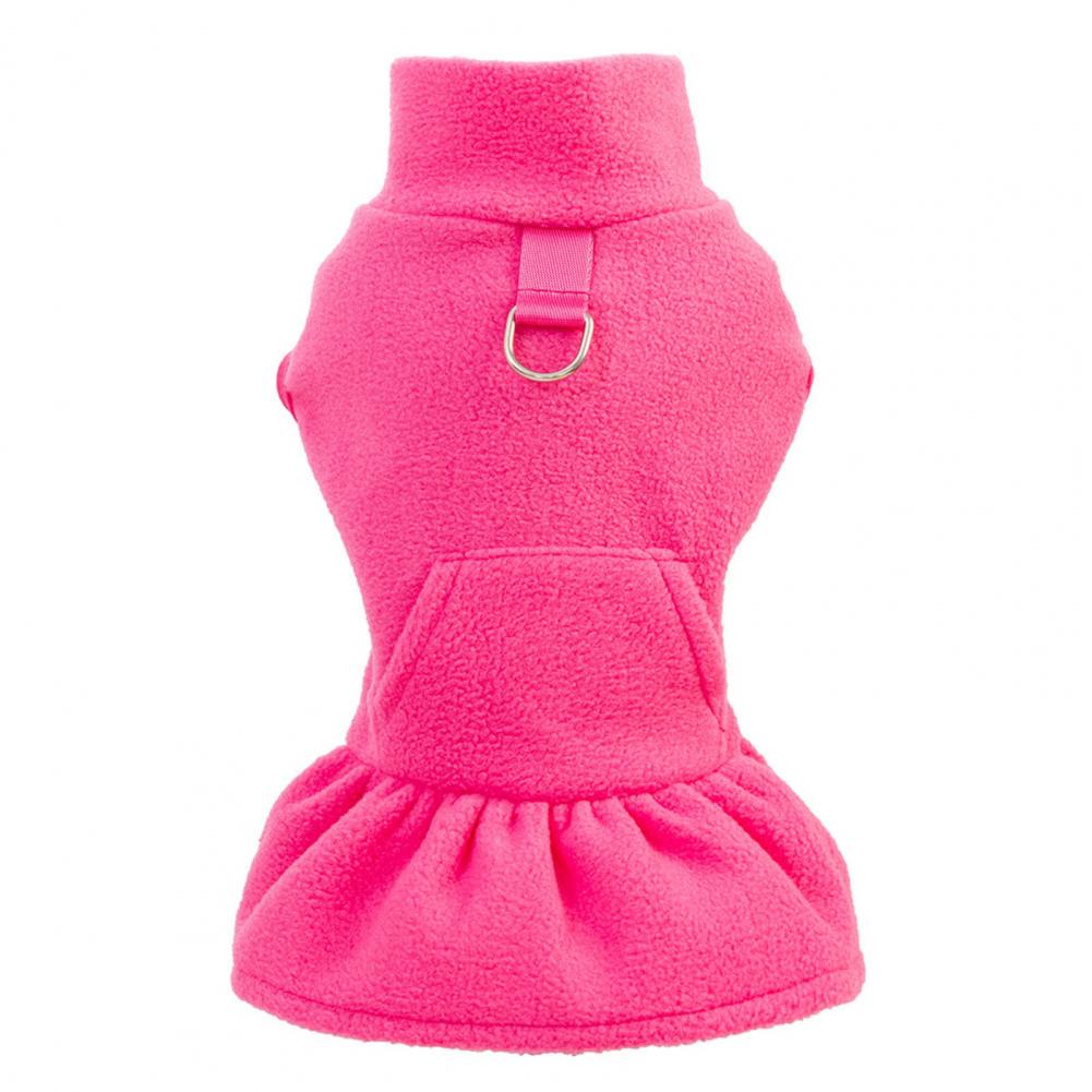 Winter Dog Dress Solid Color D-shaped Ring Pleated Hem Puppy Dress Thick Fleece Sleeveless Two-legged Small Medium Dog Clothes