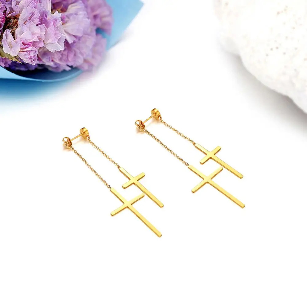 Bonistiss Fashion tassel double cross long hanging earrings gold silver stainless steel party womens Christmas gift jewelry 240912