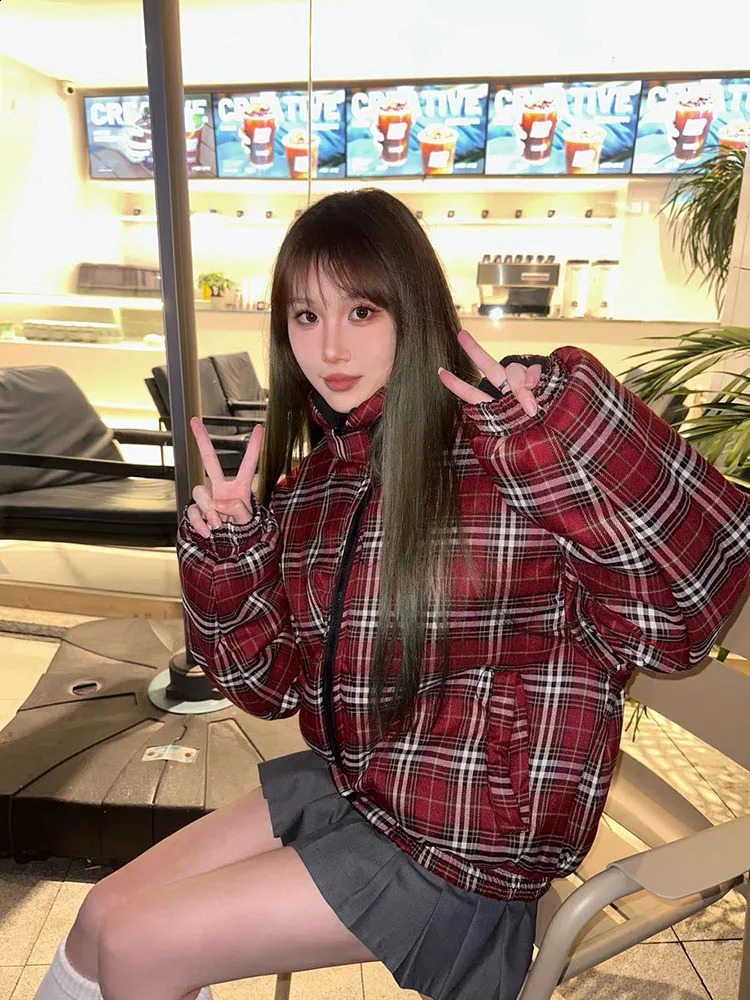 Reversible Parkas mens retro colored checkered thick jacket stand up collar warm loose jacket winter couple top 240909