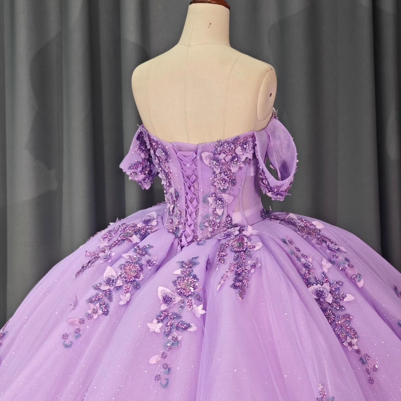 Lavender Quinceanera Dress Ball Gown Off The Shoulder Applique Lace Beading Crystals Tull Corset Sweet 16 DressVestido De 15 Anos