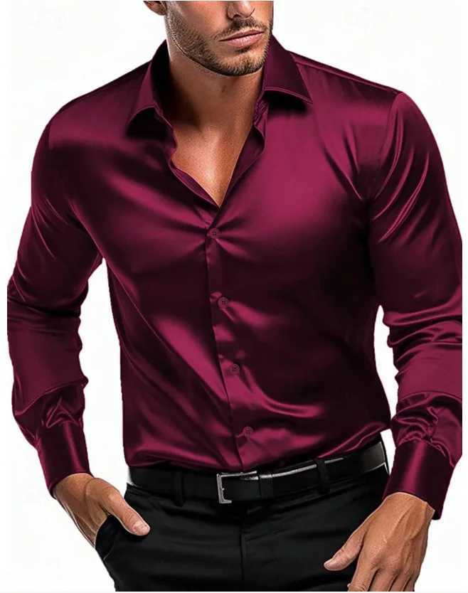 Men's Casual Shirts Casual mens satin silk dress shirt Long sleeve Society single breasted lapel shirt Wedding party mens clothes z240912