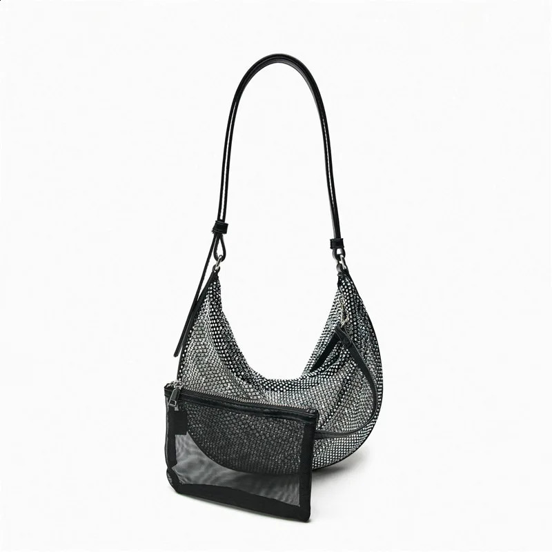 Fashion Sequins Mesh Women Shoulder Bags Shinny Half Moon Lady Handbags with Wallets Hobos Summer Party Purses 240907