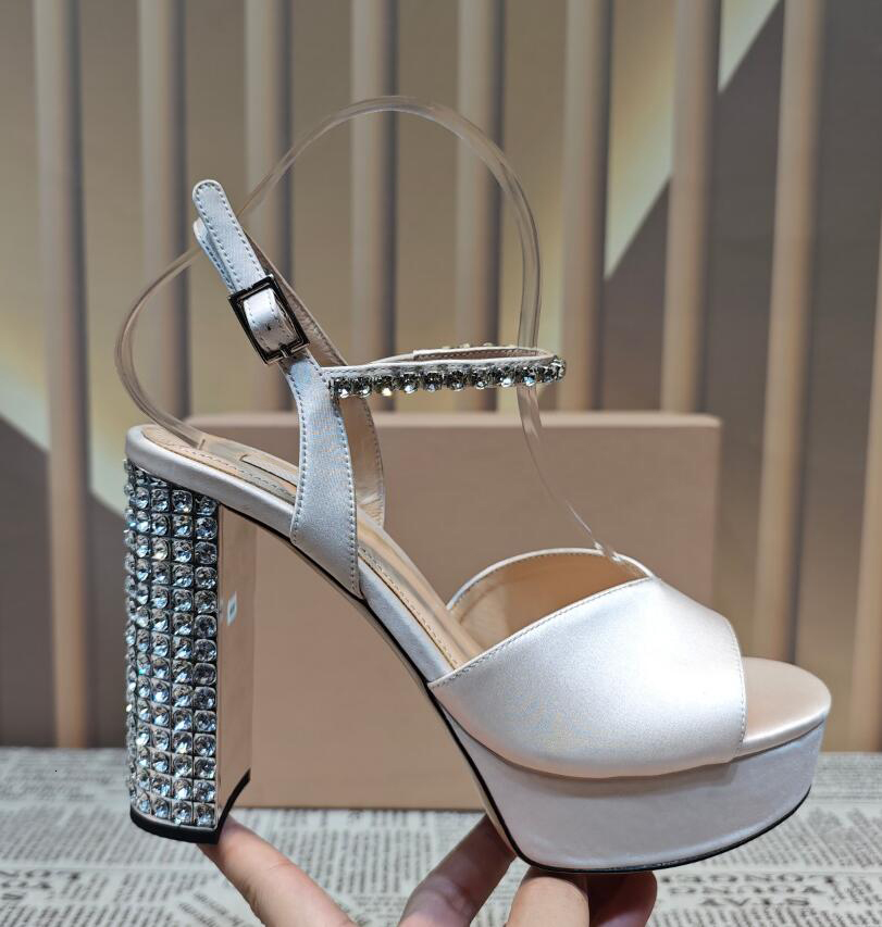 Bg Crystal Chunky Heel Women Summer Sandal Shoes Gold Sier Rhie Ankle Strap Cross-Straps Platform Wedding Shoe