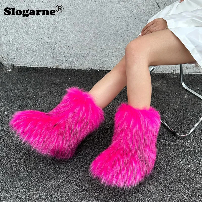 Y2K Fluffy Mid-calf Boots Winter Women Fashion Snow Boots Warm Cotton Shoes Ladies Faux Raccoon Fur Boots Furry Platform Shoes 240910