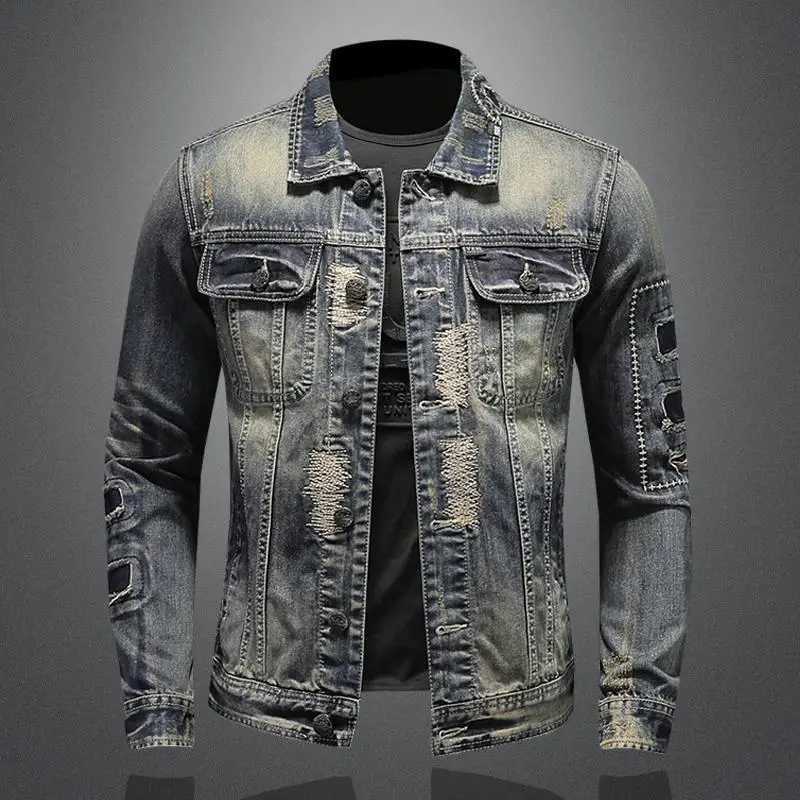 New mens denim jacket retro trend loose casual street denim jacket high street fashion hole ultra-thin lapel denim jacket W241011