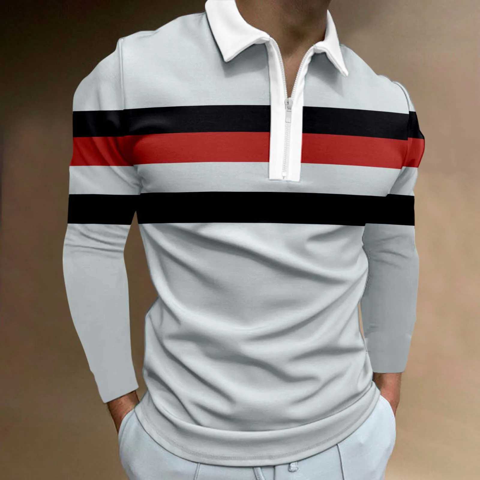 Mens Striped Polo Shirt Long Sleeve Zipper Turn Down Collar Slim Fitness T-Shirts Harajuku Business Office Work Tee Shirts TopsX240912